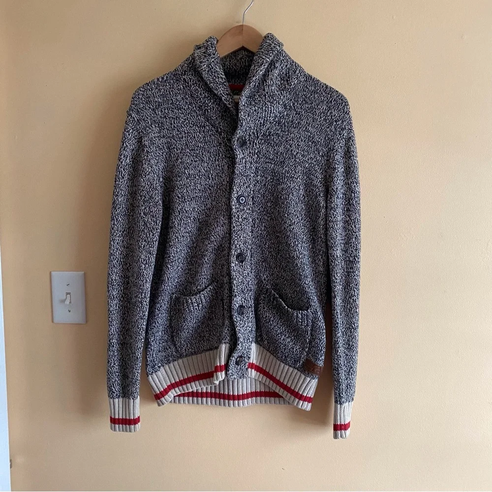 Roots Cabin Shawl Collar Cardigan Men Small Salt Pepper Cotton Pockets Preppy - Picture 15 of 15